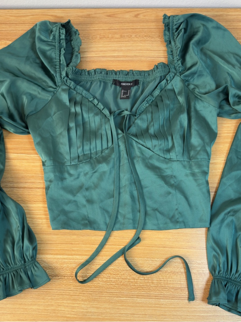 Forever 21 Teal Satin Puff-Sleeve Tie-Front Crop Top